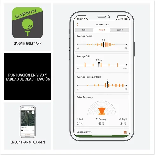 Vista 5 de Garmin Approach® S44, reloj inteligente GPS esencial para golf, pantalla AMOLED, funciones en el campo, bisel de aluminio plateado con banda