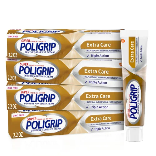 Super Poligrip Extra Care - Crema adhesiva para dentaduras postizas, sin zinc, 2.2 onzas (paquete de 4)