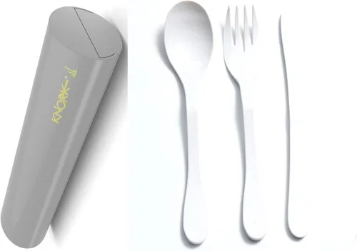 Vista 9 de Knork Eco Astrik - Juego de utensilios reutilizables compostables a base de plantas con funda de transporte, naranja, azul, blanco y gris, juego