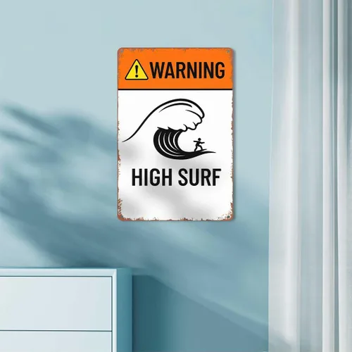 Vista 4 de Retro Metal Sign High Surf, Warning High Surf, Ocean Decor, Waves,Text Art Poster Home Wall Decor, For Bedroom, Living Room, Bar