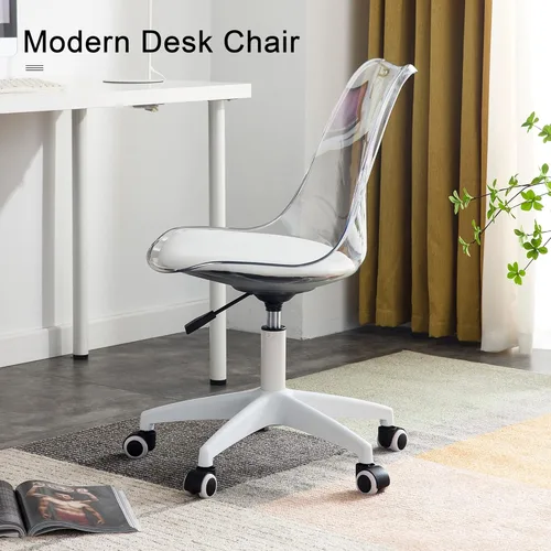 Vista 3 de Silla de escritorio de acrílico transparente, sillas fantasmas modernas con ruedas, bonita silla de plástico con ruedas sin brazos con altura