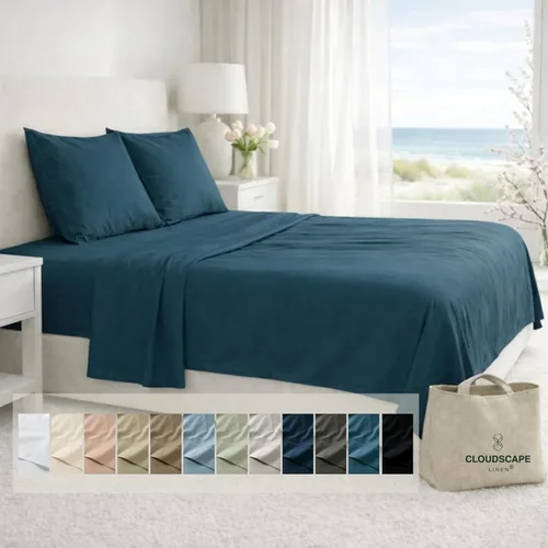 Vista 18 de Cloud Scape Linen - Juego de sábanas de algodón egipcio de doble capa, tamaño individual, tejido de satén de fibra larga, juego de 3 piezas, ropa