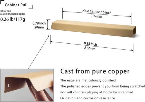 Vista 2 de Goo-Ki Hecho de latón puro, tiradores de dedo de latón cepillado, manijas de gabinete mate modernas de lujo, 7-9/16 pulgadas de centro a centro