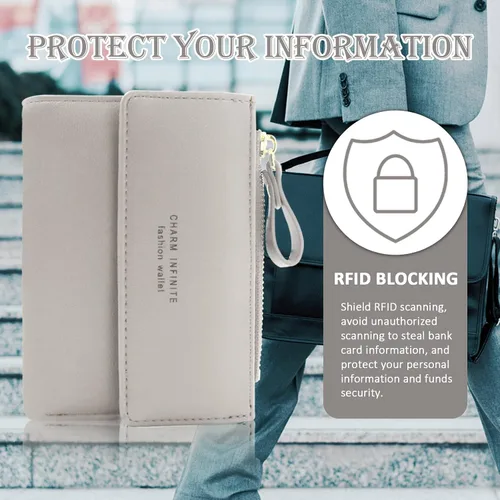 Vista 6 de Huakaile Billetera de cuero plegable con bloqueo RFID para mujer, mini monedero con bolsillo para monedas, con hebilla de cremallera, tarjetero