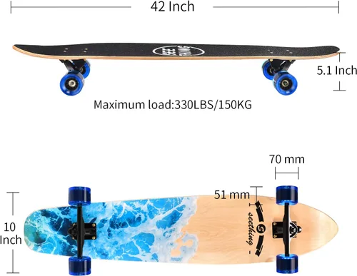 Vista 2 de Patineta de 42 pulgadas de largo completo Cruiser Pintail, el original Artisan Maple Skateboard Cruiser Pintail para crucero, tallado, estilo libre