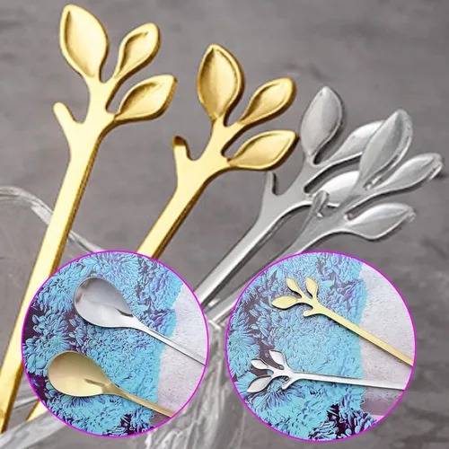 Vista 6 de 20 cucharas de café de hojas, cucharaditas de acero inoxidable dorado y plateado con mango de hojas para té helado, café, postre