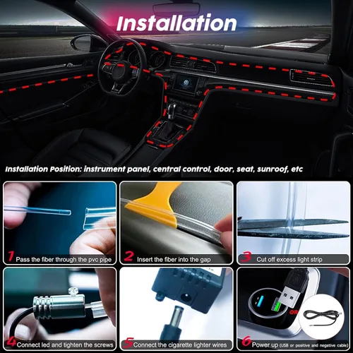 Vista 5 de Luces Interiores para Automóvil, SAMGCHI Tira de Luces LED USB para Automóvil, Kit de Iluminación Ambiental para Automóvil con 236 pulgadas de Fibra