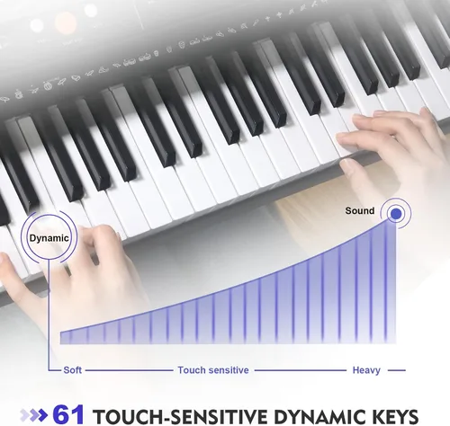 Vista 4 de MUSTAR Teclado de piano de 61 teclas, teclado de piano eléctrico con teclas iluminadas, teclado de aprendizaje para principiantes, soporte de piano