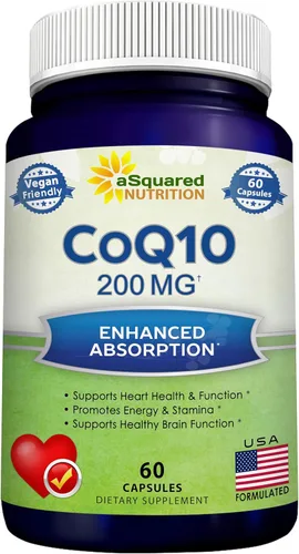 aSquared Nutrition CoQ10 200mg - 60 Cápsulas - Suplemento CO Q 10 - Píldoras de ubiquinona de coenzima Q10 - Vitamina antioxidante extra vegana