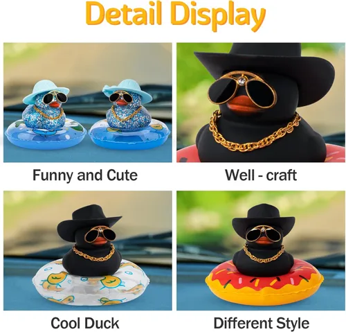 Vista 2 de Wonuu Decoraciones de tablero de goma de pato para automóvil, accesorios con anillo de natación, gafas de sol, sombrero y collar, azul y delfín