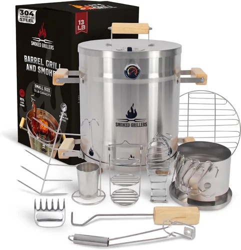 Vista 7 de Combo de parrilla para ahumar barril, barril 100% de acero inoxidable, 95% menos de humo, calor uniforme, fácil de usar y limpiar, ahumador vertical