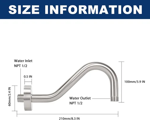 Vista 3 de NearMoon Brazo de extensión de ducha en forma de J, extensor de altura de cabezal de ducha de acero inoxidable con brida, diseño de tubo elevador
