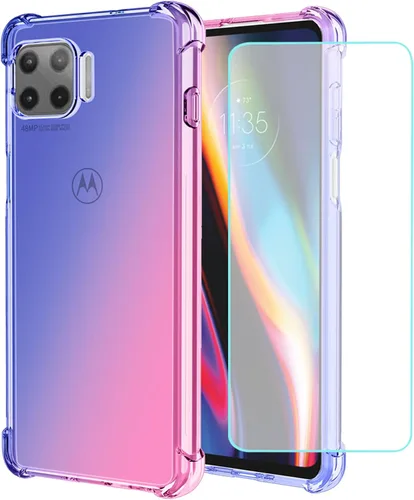 Funda para Moto G 5G Plus/Moto One 5G con protector de pantalla de vidrio templado, transparente degradado delgado, a prueba de golpes, TPU para