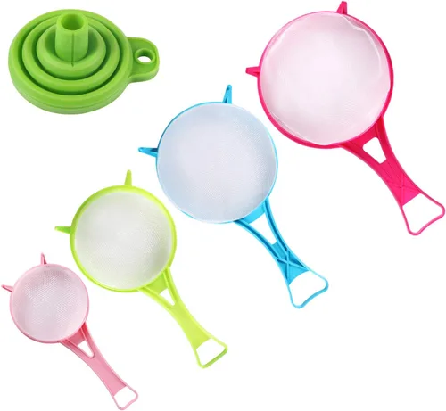 Vista 4 de BENBO Juego de 4 coladores de malla de plástico, colador de plástico con mango largo, tamiz de harina de leche de soja, colador de plástico