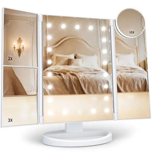 Vista 9 de HUONUL Espejo de Maquillaje de Tocador con Luces, Aumento 2X 3X 10X, Control Táctil, Espejo Tríptico, Fuente de Alimentación Doble, Regalos