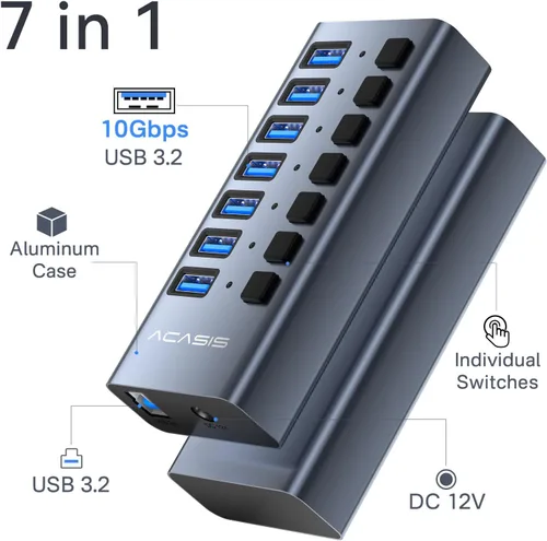 Vista 2 de Hub USB 3.2 alimentado, concentrador USB 3.2 de 7 puertos ACASIS con velocidad de datos de 10 Gbps, carcasa de aluminio, concentrador USB alimentado