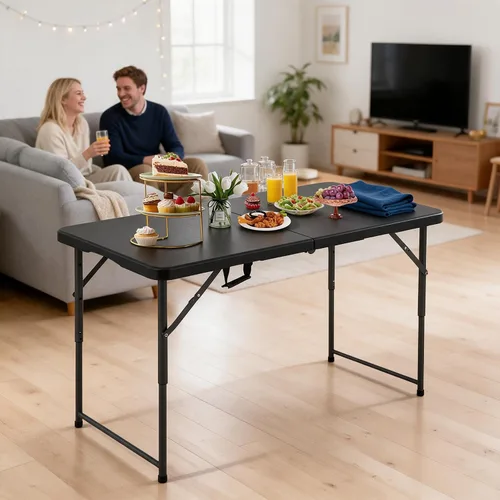 Vista 7 de Mesa Plegable de 4 Pies de Altura Ajustable con Asa Incorporada, Mesa Plegable Portátil de Servicio Pesado de 4 Pies con Patas de Acero para Negro