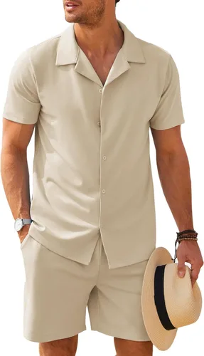 COOFANDY Mens Two Piece Outfits Sets Casual Button Down Short Sleeve Shirt and Shorts Beach Outfits Sets
