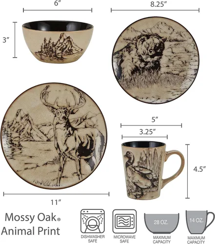 Vista 2 de Mossy Oak Juego de vajilla de 16 piezas con estampado de animales, servicio para 4, color negro y beige