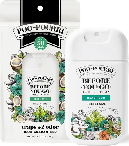 Poo-Pourri Before-You-Go - Aerosol para inodoro de bolsillo, artículos esenciales de viaje, Beach Bum, 1 onza líquida, hasta 50 usos, desodorante de