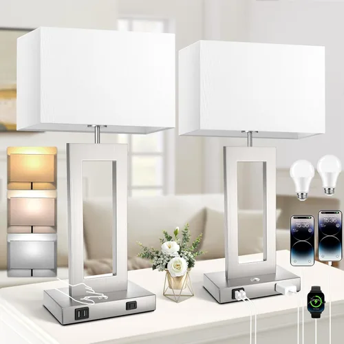 Vista 16 de Juego de 2 lámparas de mesa con control táctil de 3 temperaturas de color, regulables sin escalones, con 2 puertos USB y salida CA, lámparas