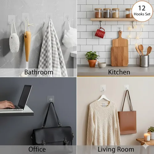 Vista 4 de Ganchos de pared adhesivos resistentes, acero inoxidable transparente, paquete de 12 – carga máxima de 24 libras, ganchos reutilizables impermeables