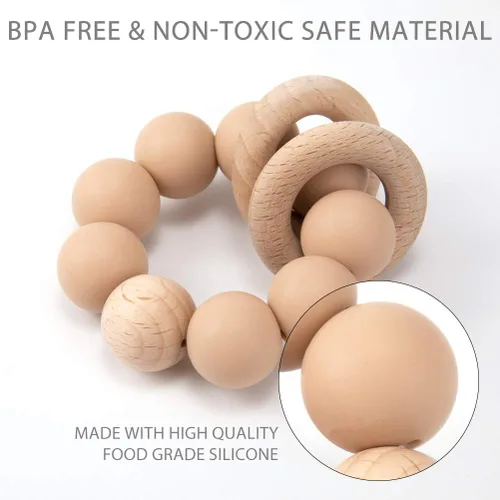 Vista 5 de Mordedor de bebé de silicona, silicona de grado alimenticio y juguete de dentición de haya para bebés, sin BPA (blanco)