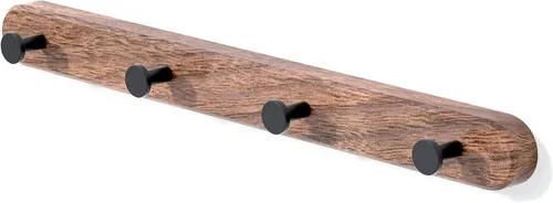 Vista 7 de Perchero de Pared de Madera de Nogal de 17 Pulgadas con 4 Ganchos Dobles Negros, Ganchos de Entrada Montados con Adhesivo, Clavijas de Madera