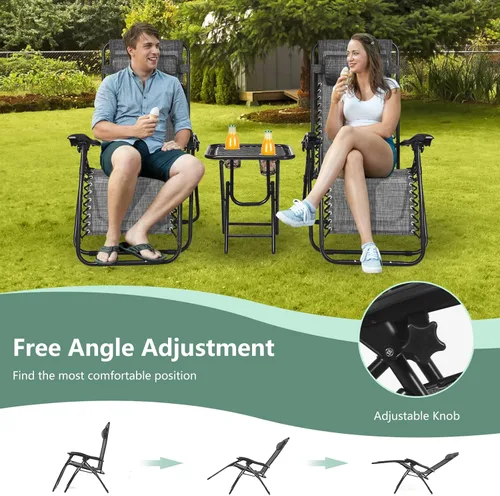 Vista 5 de HAPPYGRILL Juego de sillas de salón Zero Gravity con mesa auxiliar, sillas reclinables plegables con mesa auxiliar y almohada, juego de 3 piezas