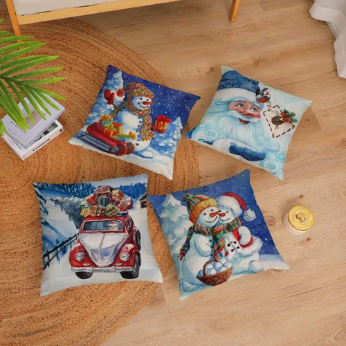 Vista 5 de Juego de 4 fundas de almohada de Navidad de 20 x 20 pulgadas, fundas de almohada de Navidad, muñeco de nieve, Papá Noel, fundas de almohada