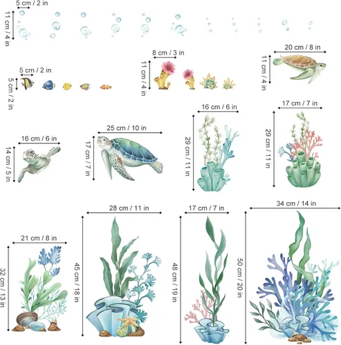 Vista 4 de wondever Calcomanías de pared de hierba de algas marinas, tortugas bajo el mar, calcomanías de arte de pared para bebé, cuarto de bebé, dormitorio