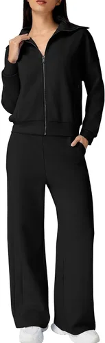QINSEN Conjunto de 2 piezas de algodón para mujer, con solapa, manga larga, con cremallera, pantalones de pierna ancha, conjuntos de chándal a juego