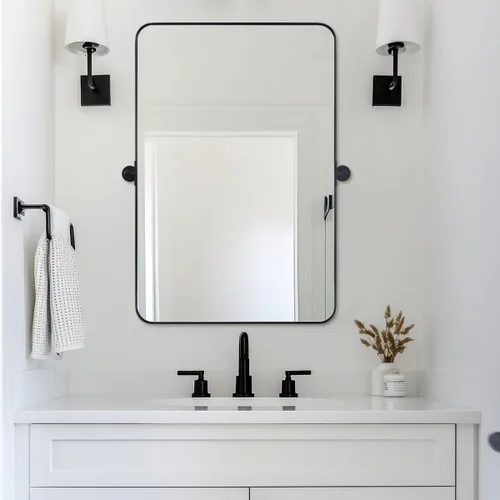 Vista 30 de Espejo giratorio Moon Mirror de oro cepillado, espejo inclinable de latón para tocador rectangular para baño, medidas totales 24.33 x 28 pulgadas