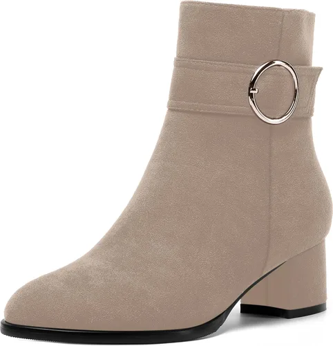 Vestido sólido para mujer, con cremallera, puntera redonda, gamuza, para citas, tacón bajo, botas altas hasta el tobillo, 2 pulgadas