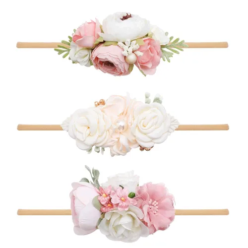 Vista 20 de Diadema floral de nailon para bebé, corona de flores, banda elástica para el cabello, 3 piezas, accesorios para el cabello, regalo para niñas, 2#