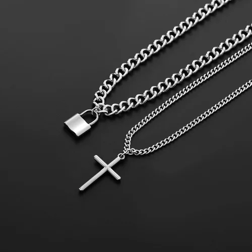 Vista 2 de FUNEIA Collar de cruz de acero inoxidable en capas de plata para hombre, cadena de eslabones cubanos con cadena de cadena, cadena de cuerda