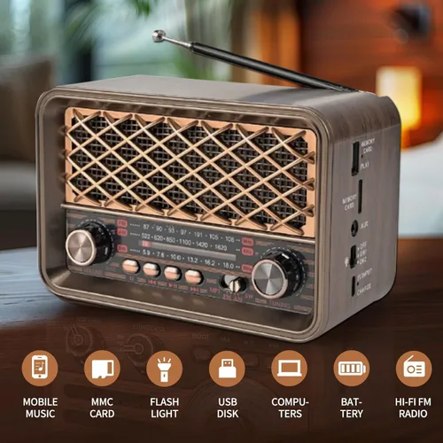 Vista 4 de Radio de transistor retro, altavoz Bluetooth portátil manos libres con batería AM FM SW Radio, reflector LED, batería recargable de iones de litio