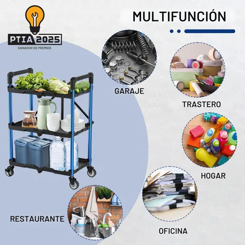 Vista 7 de WORKPRO Carrito de servicio plegable de 3 niveles, carrito de servicio plegable de 210 LBS con ruedas, carrito de herramientas portátil para garaje