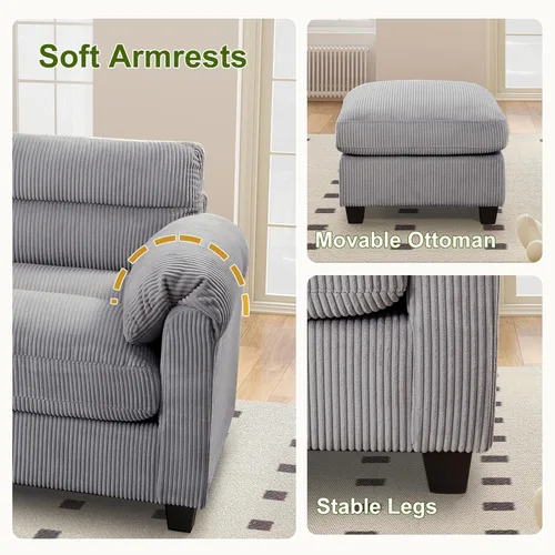 Vista 5 de HAOMARKETS Juego de sofá de pana, otomana tapizada, sofá de dos plazas y sofá de 3 plazas con cojines mullidos y brazos redondeados, juegos de Gris
