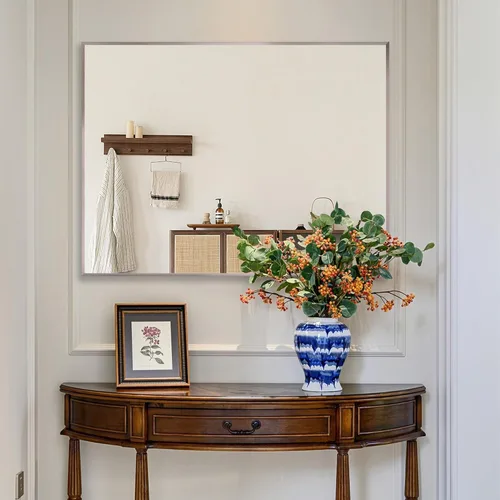 Vista 57 de 24x24 Inch Black Bathroom Mirror for Wall, Aluminum Frame Rectangle Rectangular Vanity Mirror, Modern Large for Bedroom, Living Room, Horizontal or