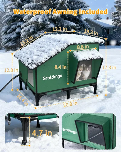 Vista 3 de Casa climatizada para gatos para exteriores, refugio elevado para gatos con almohadilla térmica y puerta de escape, refugio para gatos al aire libre
