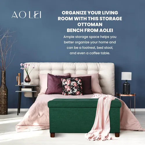 Vista 101 de Banco otomano de almacenamiento de 30 pulgadas, gris recto, moderno, estilo clásico, tela de lino, patas de madera de nogal