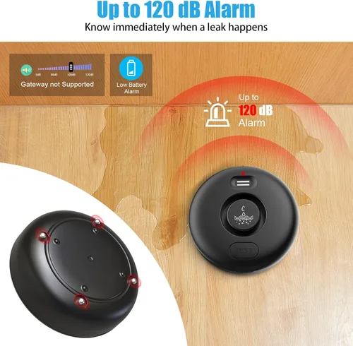 Vista 3 de Paquete de 5 detectores de alarma de fugas de agua negra, sensor de agua de alerta de 120 dB, impermeable IP66, alerta sensible de fugas y goteo