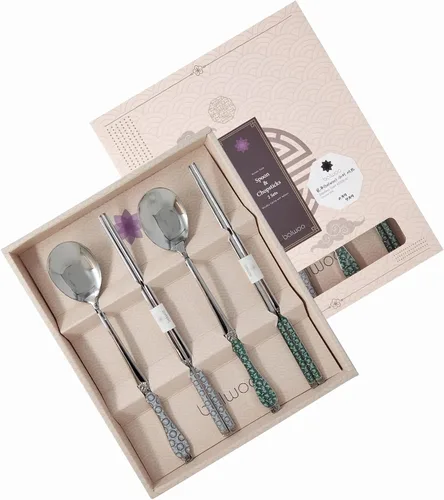 Vista 9 de Goryeo Celadon Design - Cuchara de arroz y palillos de acero inoxidable 430 con superficie brillante (azul, 5 juegos)