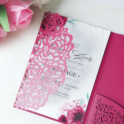 Vista 4 de 20 tarjetas de invitaciones de boda de flora cortadas con láser triples de 5.1 x 7.1 pulgadas con sobres y cintas para boda, despedida de soltera