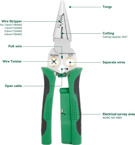 Vista 5 de Pelacables 8 en 1 con probador de voltaje, herramienta de pelado de cables eléctricos multifunción para cortar y alicates de tracción, herramienta