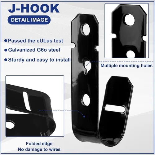 Vista 9 de Zonon Soporte de cable negro con gancho en J para colgar gancho en J de metal resistente para gestión de cables y cables, acero galvanizado
