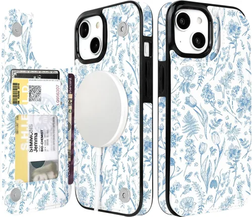 Vista 25 de uCOLOR Funda de piel con tapa para tarjetas compatible con iPhone 13 6.1, iPhone 14 6.1, mujeres y niñas con tarjetero y función atril
