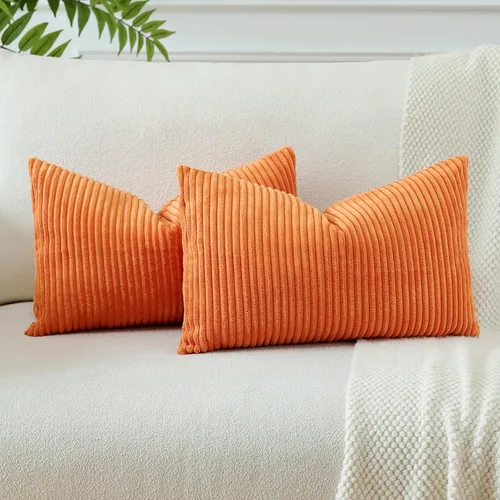 Vista 27 de OTOSTAR Juego de 2 fundas de almohada decorativas bohemias de 16 x 24 pulgadas, de pana suave, a rayas lisas, fundas de almohada lumbares para sofá