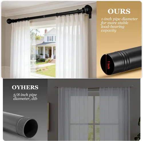 Vista 6 de Barras de cortina negras de 1 pulgada para ventanas, barras de cortina resistentes para ventanas de 48 a 84 pulgadas, juego estándar de barras